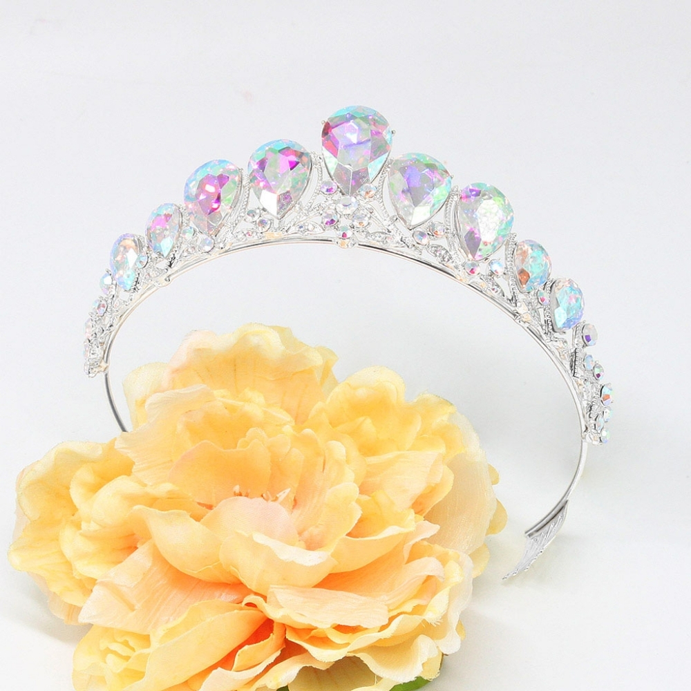 Silver Abalone Crystal Princess Teardrop Rhinestone Tiara Crown Glass